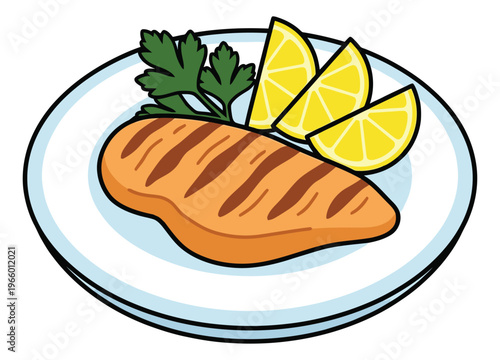 Cartoon illustration of grilled fish fillet depicting a seasoned salmon steak with lemon wedges and parsley on a plate for food and restaurant design