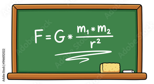 Cartoon illustration of a green chalkboard depicting Newton's law of universal gravitation formula for education and science design