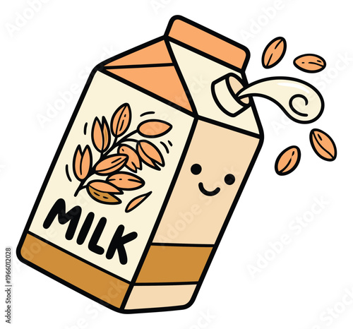Cartoon illustration of a cute almond milk carton depicting a smiling character with splashing liquid for food and beverage design