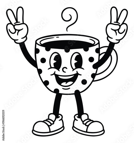 Cartoon illustration of a smiling coffee cup character depicting peace signs and retro mascot pose for cafe and beverage branding