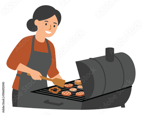 Flat illustration of a woman grilling meat depicting outdoor barbecue cooking for food and lifestyle design