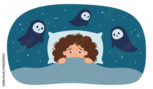Cartoon illustration of scared child in bed depicting nightmare fear with spooky ghosts for halloween and kids design