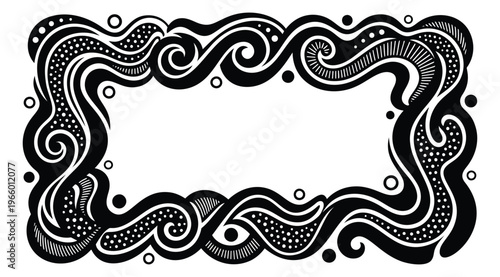 Bold woodcut illustration of decorative wavy border depicting swirling ornamental frame for vintage and retro design
