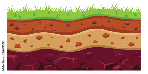Cartoon illustration of underground soil layers depicting geological cross section with grass rocks and earth strata for nature and science design