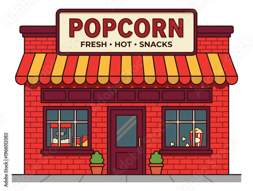 Flat illustration of a popcorn shop storefront depicting a brick facade with striped awning and signage for food and retail design