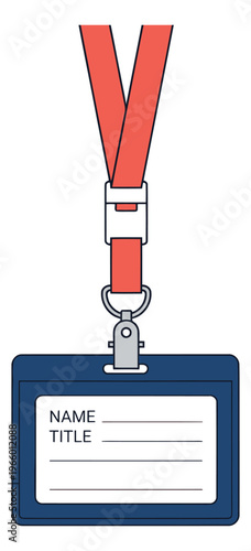 Flat illustration of a conference badge depicting a name tag with red lanyard for event and business identity design