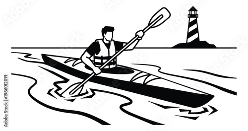Bold line art illustration of a kayaker paddling on open water depicting adventure sport near a lighthouse for outdoor and recreation design