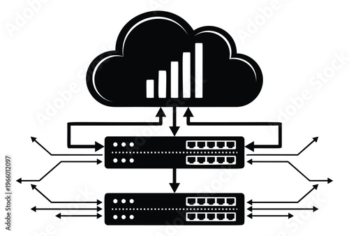 Silhouette illustration of cloud network infrastructure depicting data center switches connected to cloud analytics for technology design