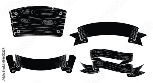 A collection of ornate black ribbon and wooden sign illustrations showcasing vintage design elements a striking silhouette high quality professional