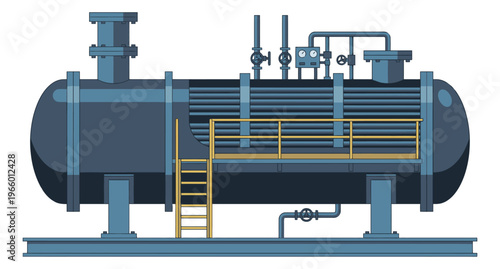 Flat illustration of an industrial shell and tube heat exchanger depicting a pressure vessel with piping valves and access ladder for engineering design