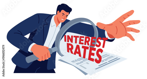 Flat illustration of businessman examining interest rates depicting financial analysis with magnifying glass for business and finance design