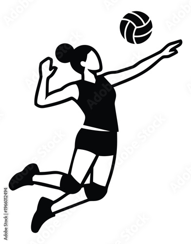 Silhouette illustration of female volleyball player depicting jumping spike attack for sports and athletics design