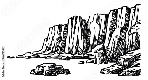 Engraving illustration of rocky coastal cliffs depicting rugged sea shore landscape for nature and travel design