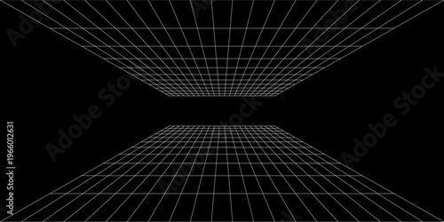 Futuristic perspective grid box. Abstract wireframe with white grid line on black background. Virtual reality landscape in 80s 90s digital style.