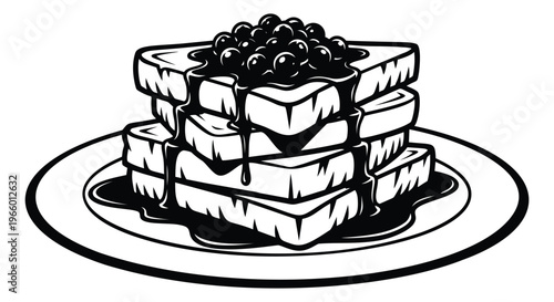 Woodcut illustration of stacked French toast depicting syrup drizzle and berry topping on a plate for food and restaurant design