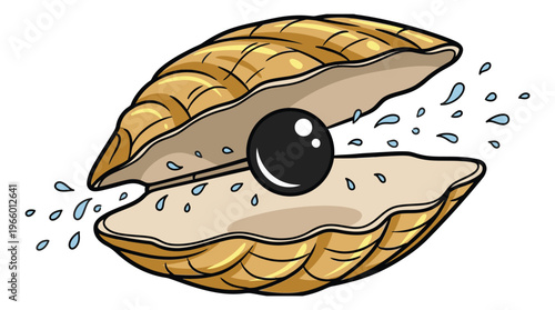 Cartoon illustration of an open oyster shell depicting a black pearl with water splashes for nature and jewelry design