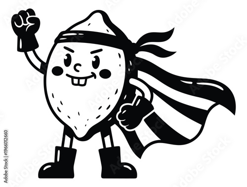 Cartoon illustration of a superhero strawberry character depicting a powerful mascot pose for food branding and merchandise design