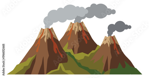 Flat illustration of erupting volcanoes depicting lava flow and smoke clouds for nature and geology design