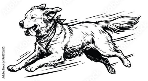 Engraving illustration of a running dog depicting a happy canine sprinting at full speed for pet and animal design