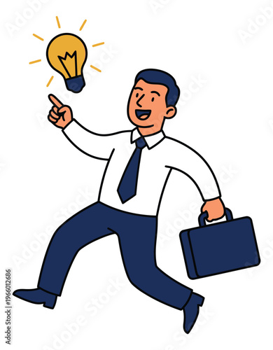 Cartoon illustration of a businessman depicting a jumping eureka moment with lightbulb idea for business and motivation design