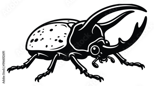 Woodcut illustration of a rhinoceros beetle depicting a detailed side view for nature and entomology design