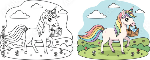 Unicorn carrying picnic basket in meadow with flowers in clean vector outline style