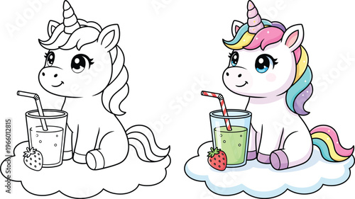 Unicorn sitting on cloud drinking juice in cute cartoon vector outline style