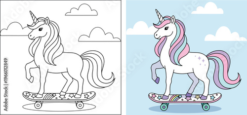 Unicorn riding skateboard under clouds in cute cartoon vector outline style