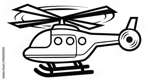 Cartoon illustration of a helicopter depicting a flying rotorcraft with skid landing gear for transportation and aviation design