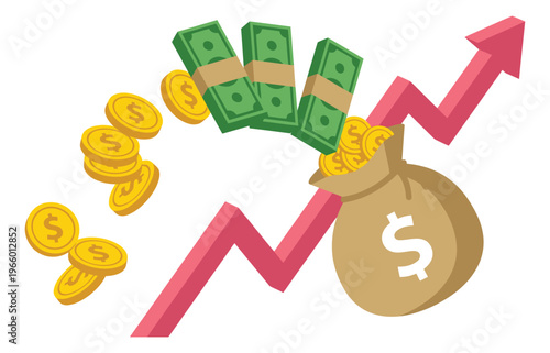 Cartoon illustration of money growth depicting rising arrow with cash bag coins and banknotes for finance and business design