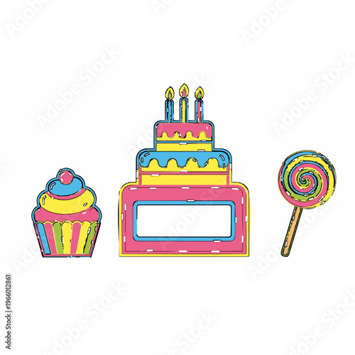 A colorful illustration of birthday treats on transparent background
