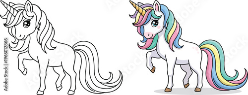 Unicorn standing with raised leg in cute cartoon style with flowing magical mane