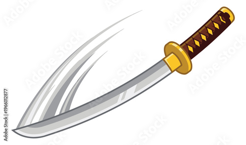 Cartoon illustration of a katana sword depicting a curved blade with motion lines for martial arts and game design