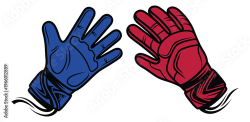 Cartoon illustration of goalkeeper gloves depicting blue and red sports equipment for football and soccer design