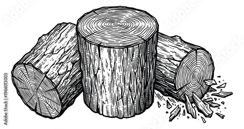 Engraving illustration of cut wood logs depicting tree stumps and timber pieces for forestry and nature design