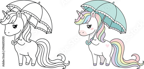Unicorn holding umbrella in rainy weather in cute cartoon vector outline style