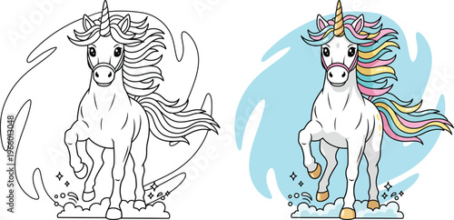 Unicorn running with flowing mane in cute cartoon vector outline style fantasy scene