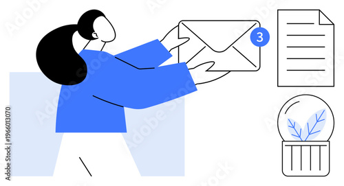 Communication, email notifications, digital correspondence, inbox management, office organization, remote work. A person holding an email icon with a notification badge. Communication and email