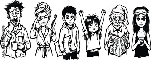 Six sleepy characters yawning brushing teeth drinking coffee in black and white line art