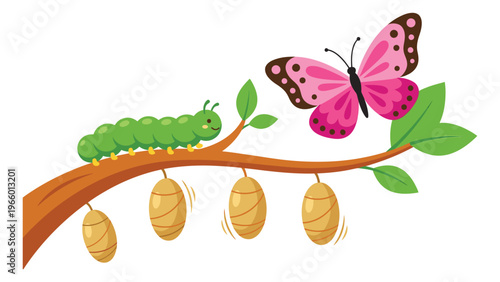 Cartoon illustration of butterfly life cycle depicting caterpillar cocoon and metamorphosis on branch for nature and education design