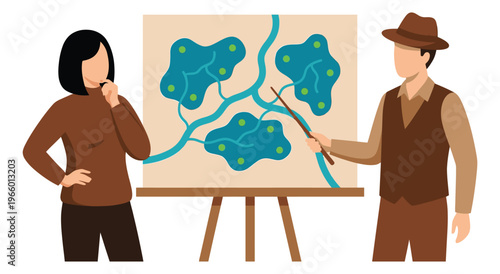 Flat illustration of two scientists depicting data analysis and research presentation for education and science design
