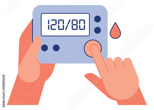 Flat illustration of blood pressure monitor depicting digital reading measurement for medical and healthcare design