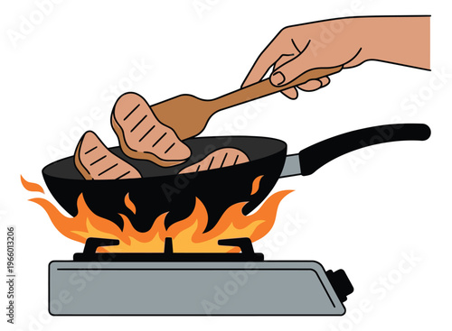 Cartoon illustration of hand cooking meat steaks in a frying pan depicting searing over open flame for food and recipe design