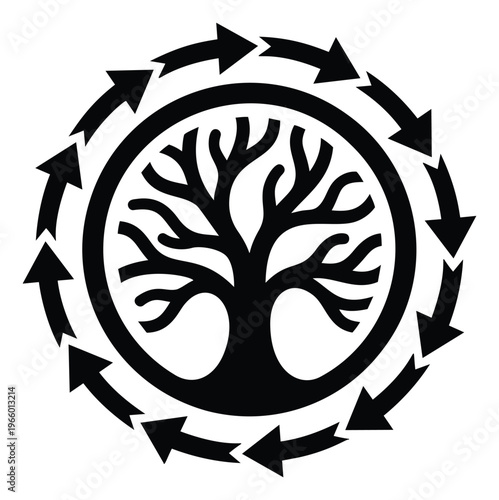 Flat silhouette illustration of tree of life inside circular rotating arrows depicting sustainability cycle for ecology and environment design