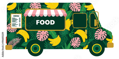 Flat illustration of a tropical food truck depicting a banana and palm leaf decorated vehicle for street food and restaurant design