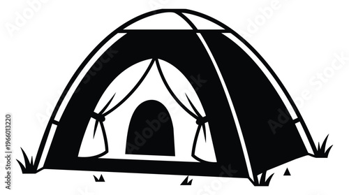 Cartoon silhouette illustration of a dome camping tent depicting open entrance with grass for outdoor and adventure design