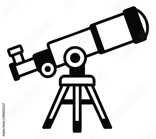 Flat silhouette illustration of a telescope depicting an astronomical observation instrument on tripod for science and education design