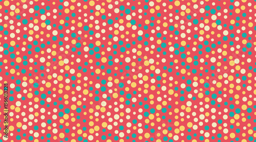Vibrant red background adorned with a playful scattering of pastel yellow, peach, and teal circles.
