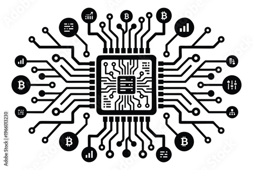 Outline illustration of cryptocurrency processor chip depicting circuit board network with bitcoin and finance icons for fintech design