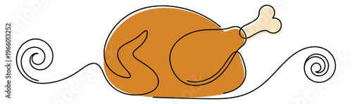 Continuous line art illustration of a roasted turkey depicting a whole cooked chicken with bone for food and holiday design